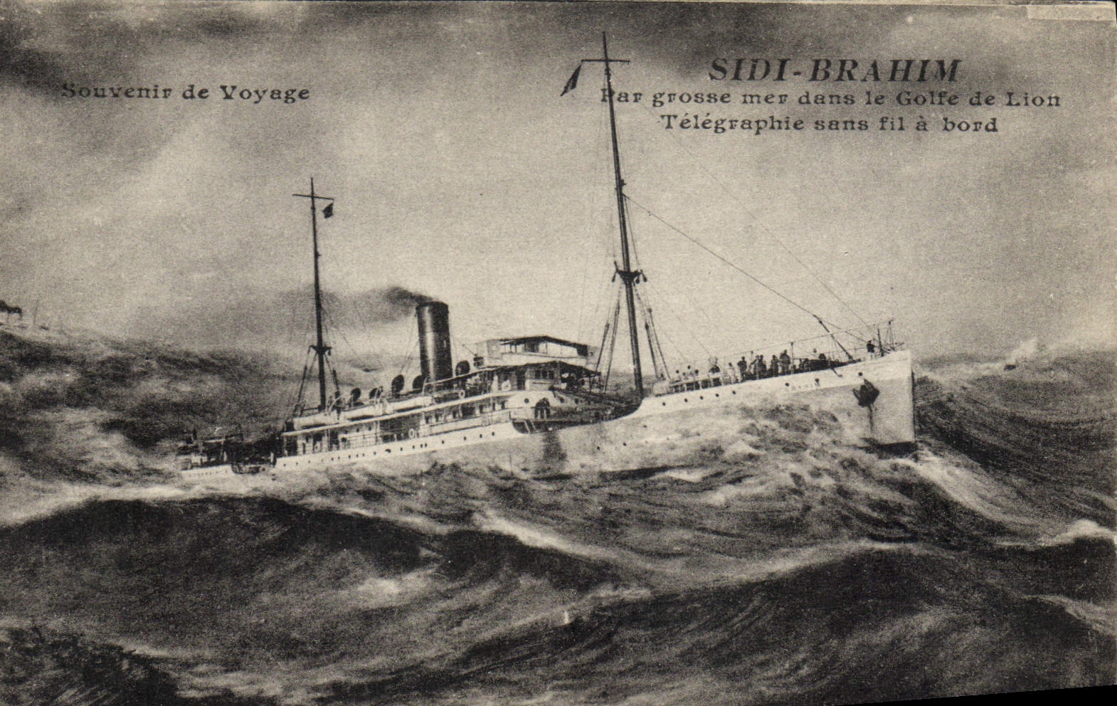 CPA Bateau Sidi Brahim par grosse mer dans le golfe de Lion Telegraphie sans fil a bord