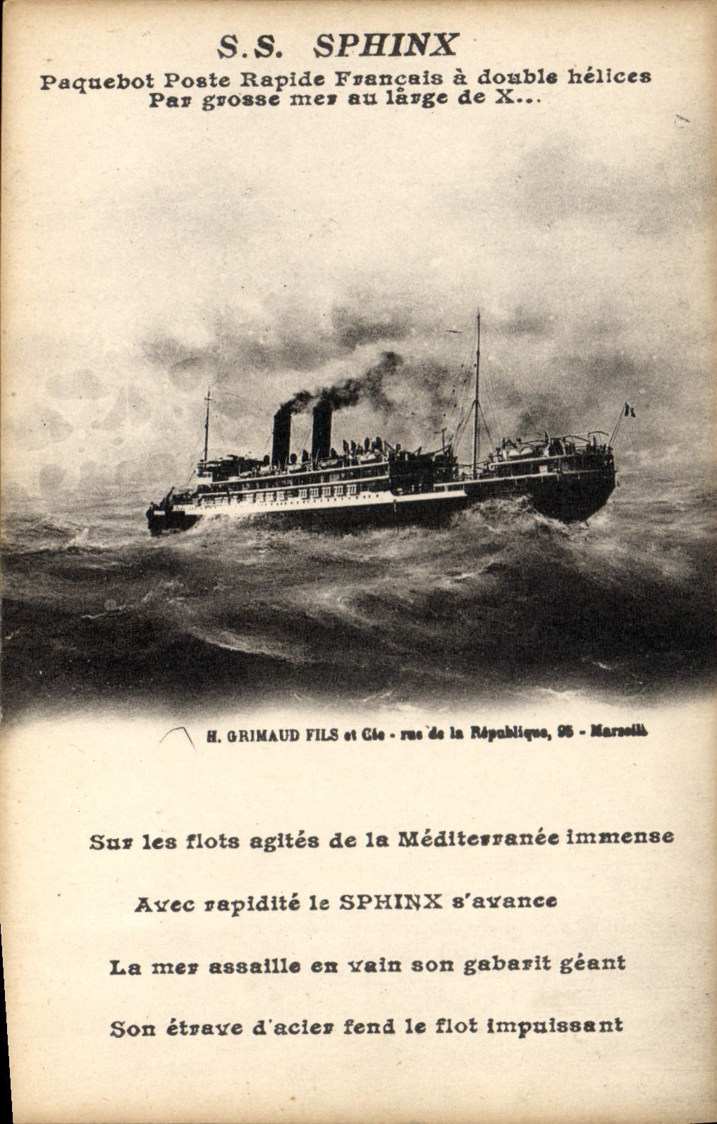 VINTAGE POSTCARD Boat S Sphinx French fast Steamer by heavy sea