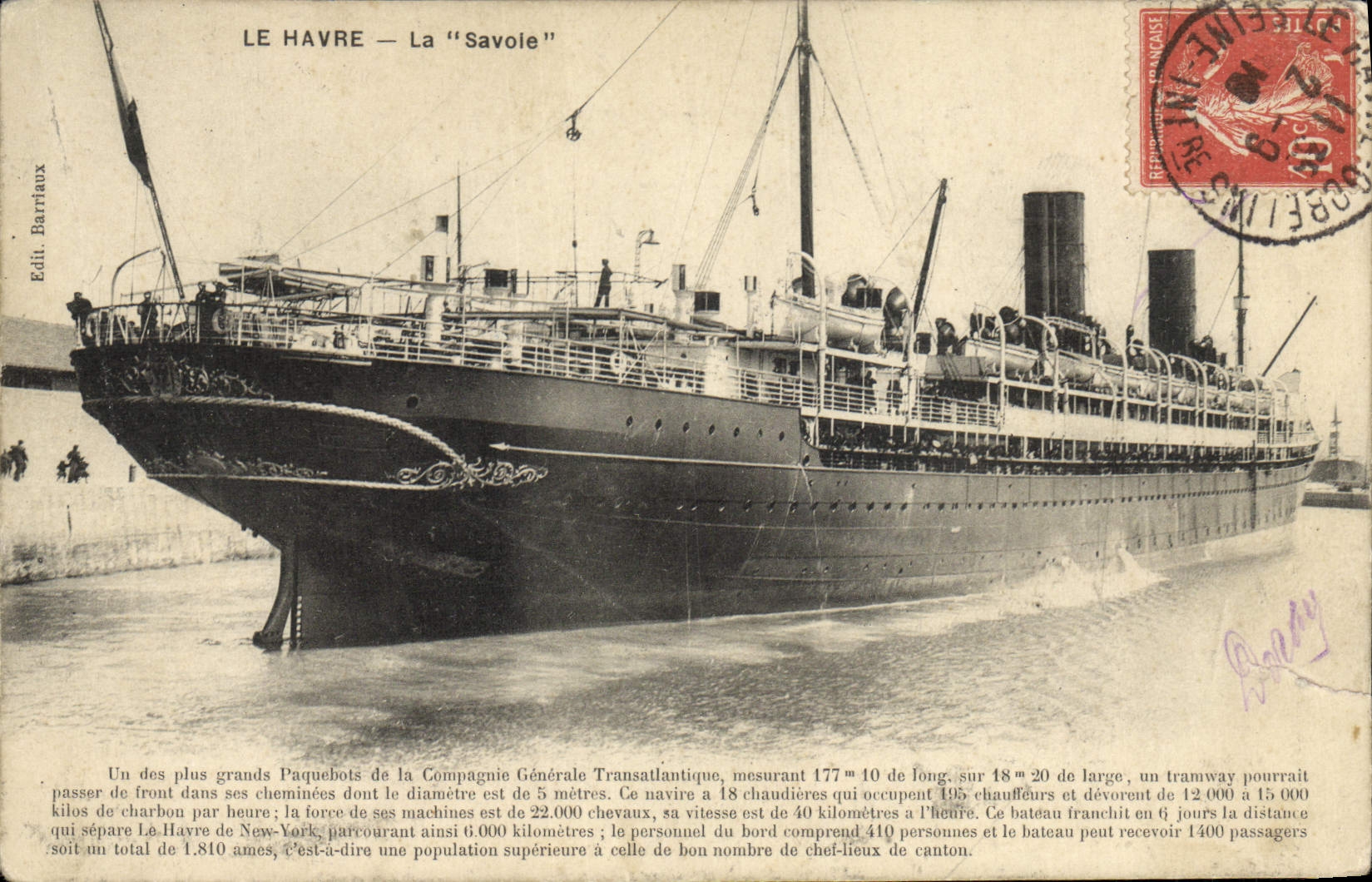 VINTAGE POSTCARD Boat Le Havre Savoy