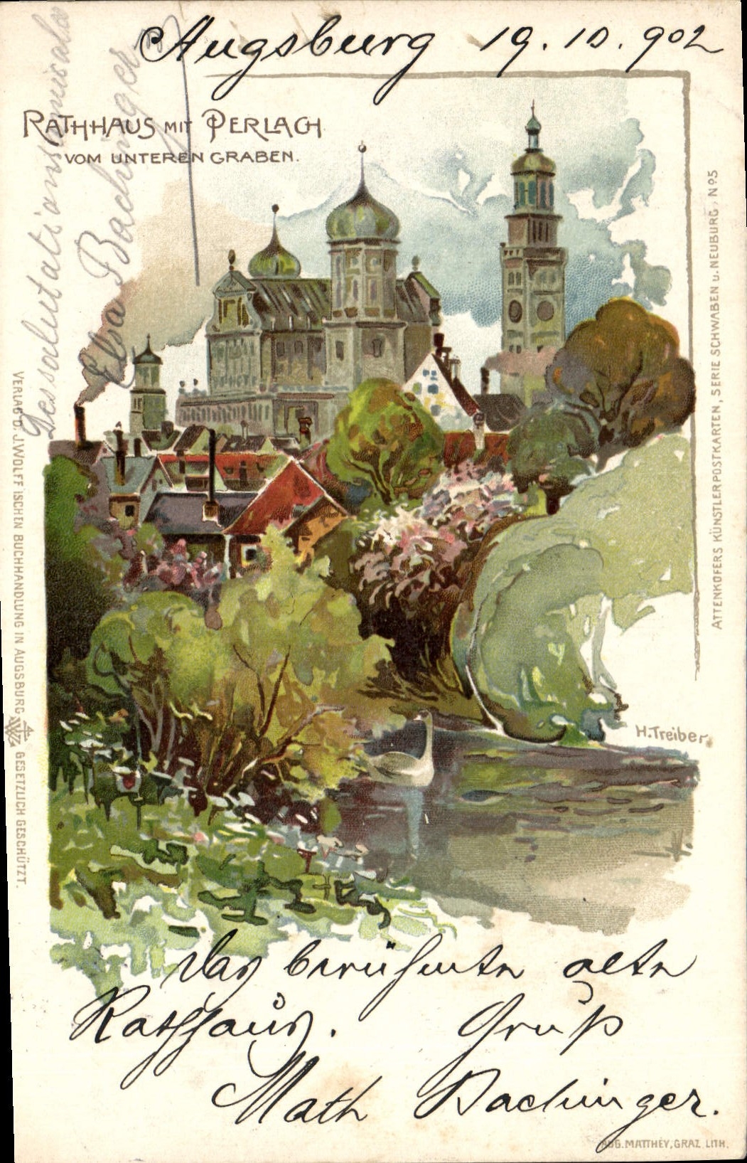 VINTAGE POSTCARD Fantaisie Rathhaus Illustrator put Perlach Treiber