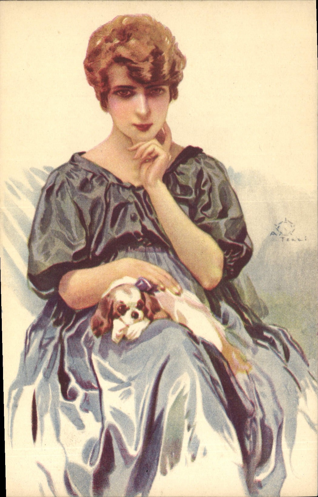 CPA Fantaisie Illustrateur Femme Chien