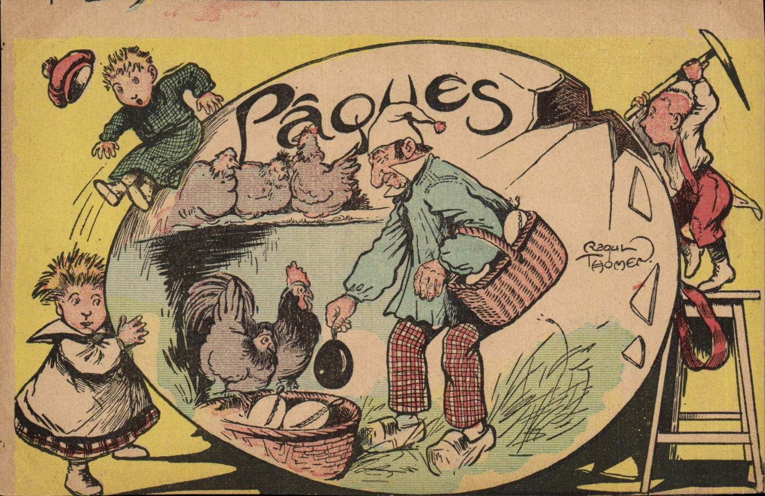 VINTAGE POSTCARD Fantasy Illustrator Easter Hen Cock eggs