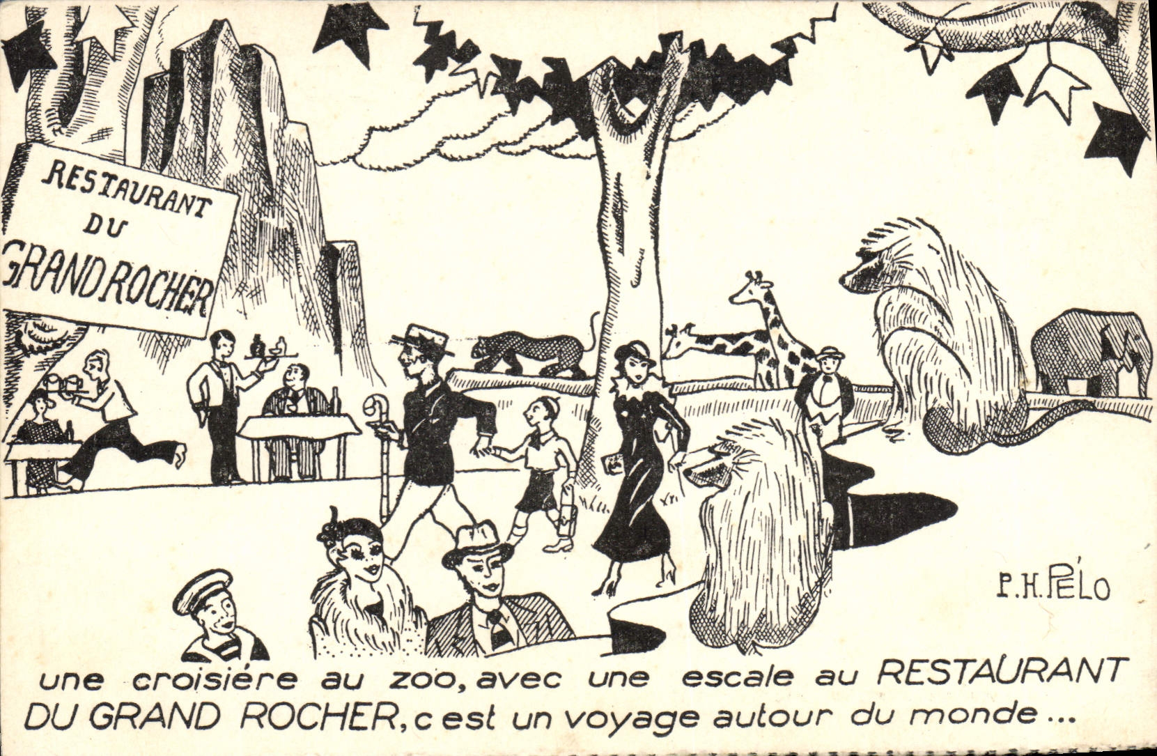 CPA Fantaisie Illustrateur Une croisiere au zoo Songe Giraffe Elephant Restaurant du grand rocher Bois de Vincennes 
