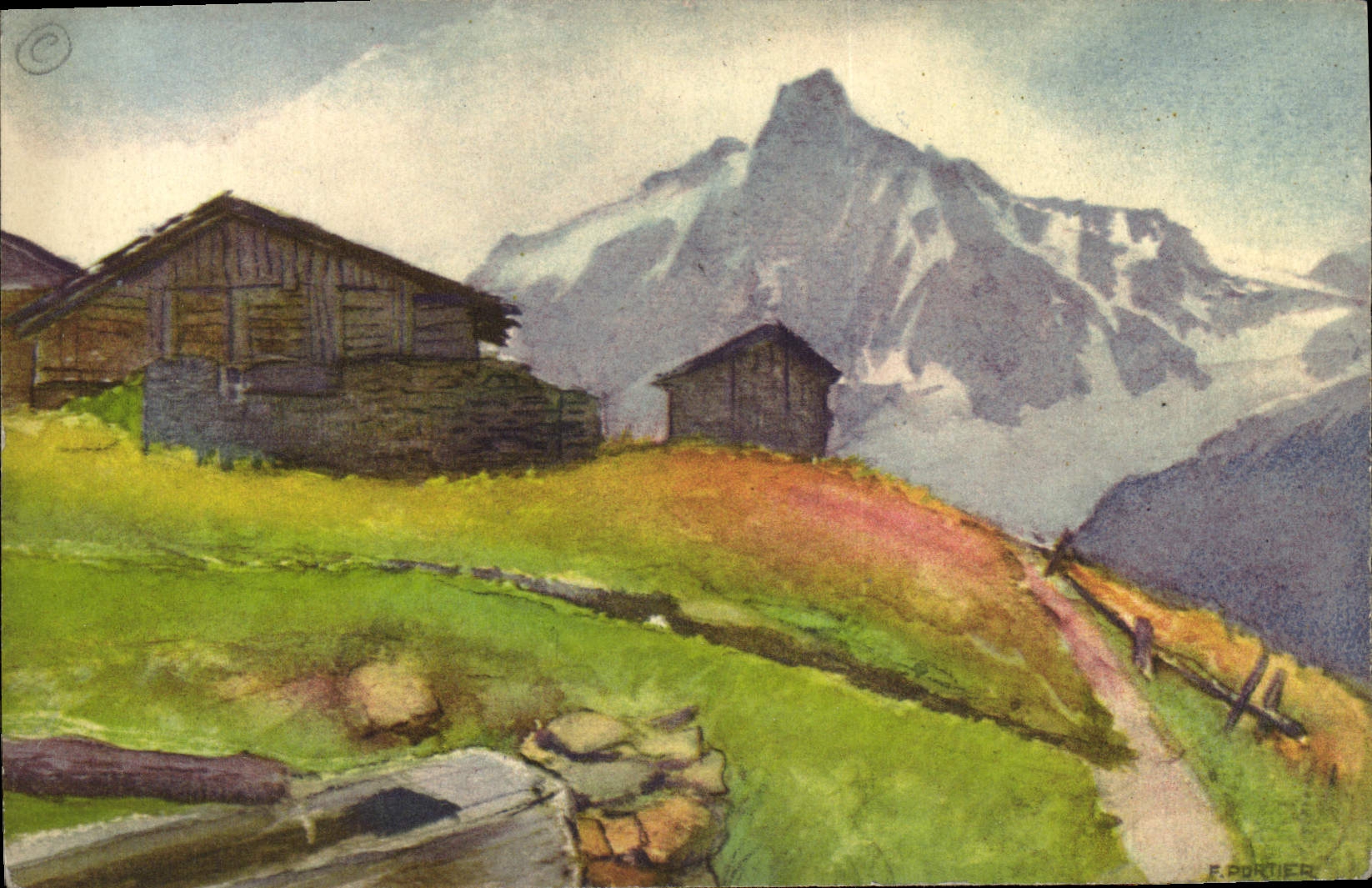 VINTAGE POSTCARD Fantasy Illustrator Country cottages of Meriel close Chamonix