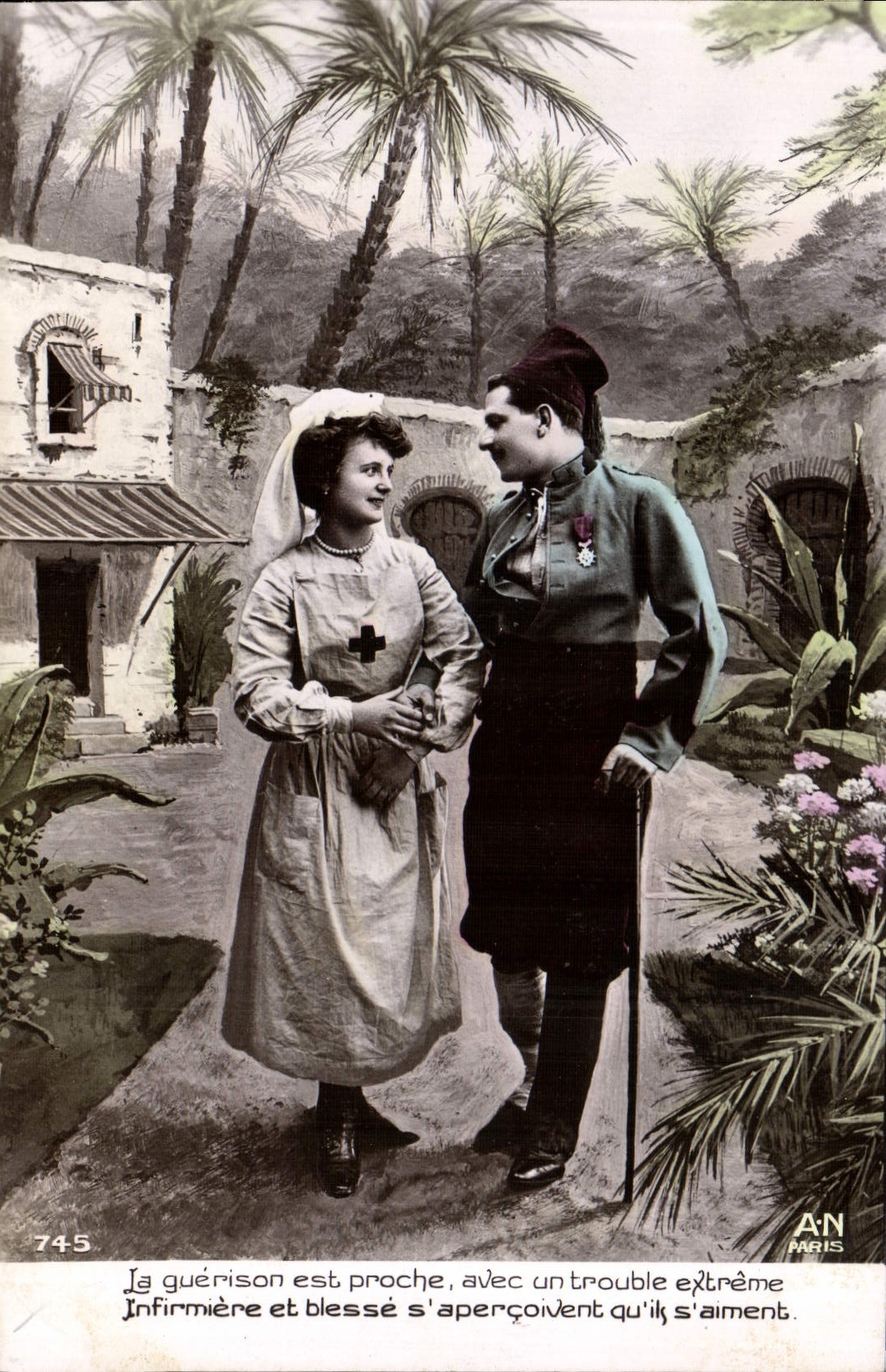 VINTAGE POSTCARD Nurse Soldier militaria Red Cross medal