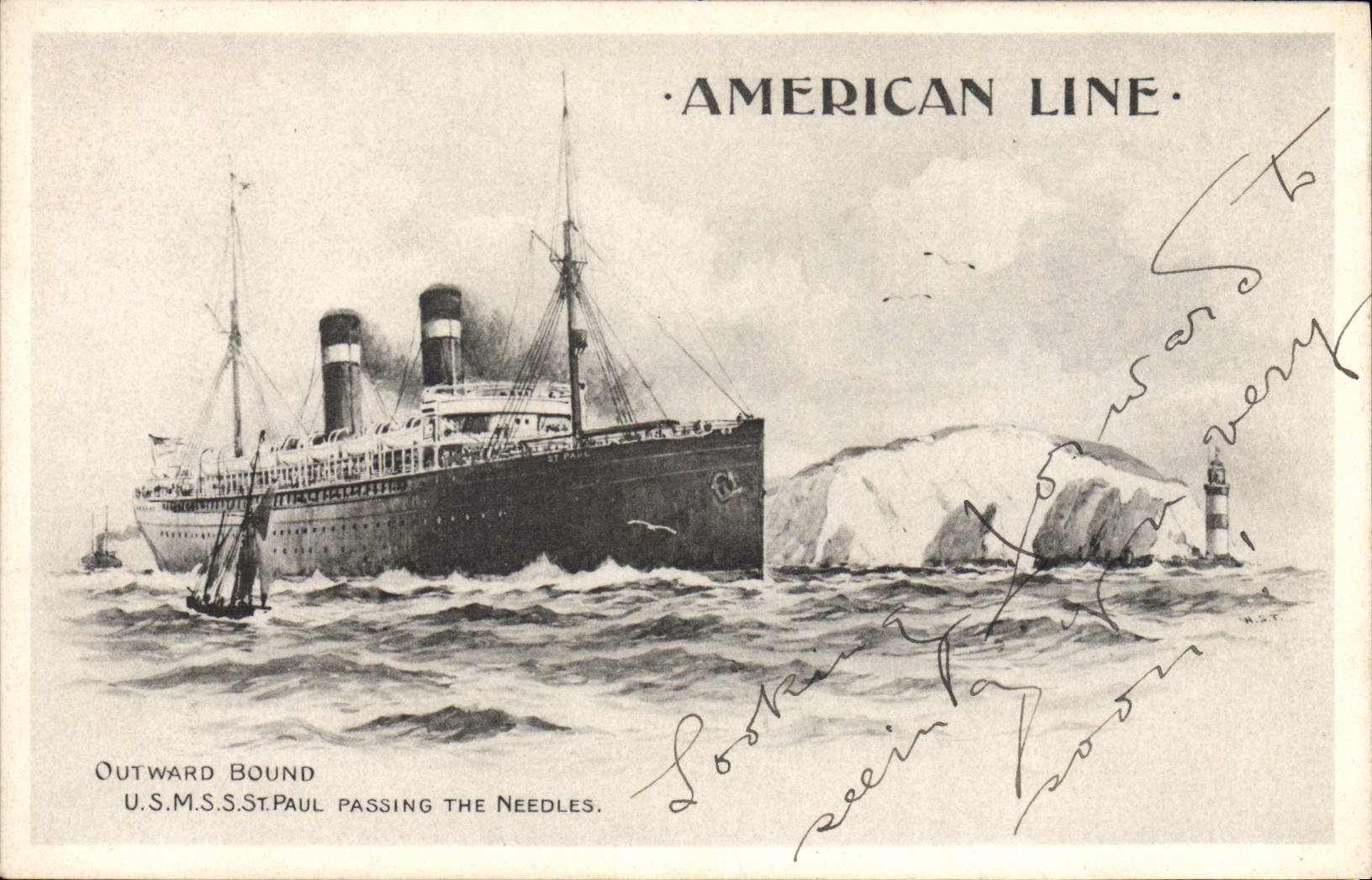 VINTAGE POSTCARD Boat Steamer American Line SMSS St Paul passing the needles