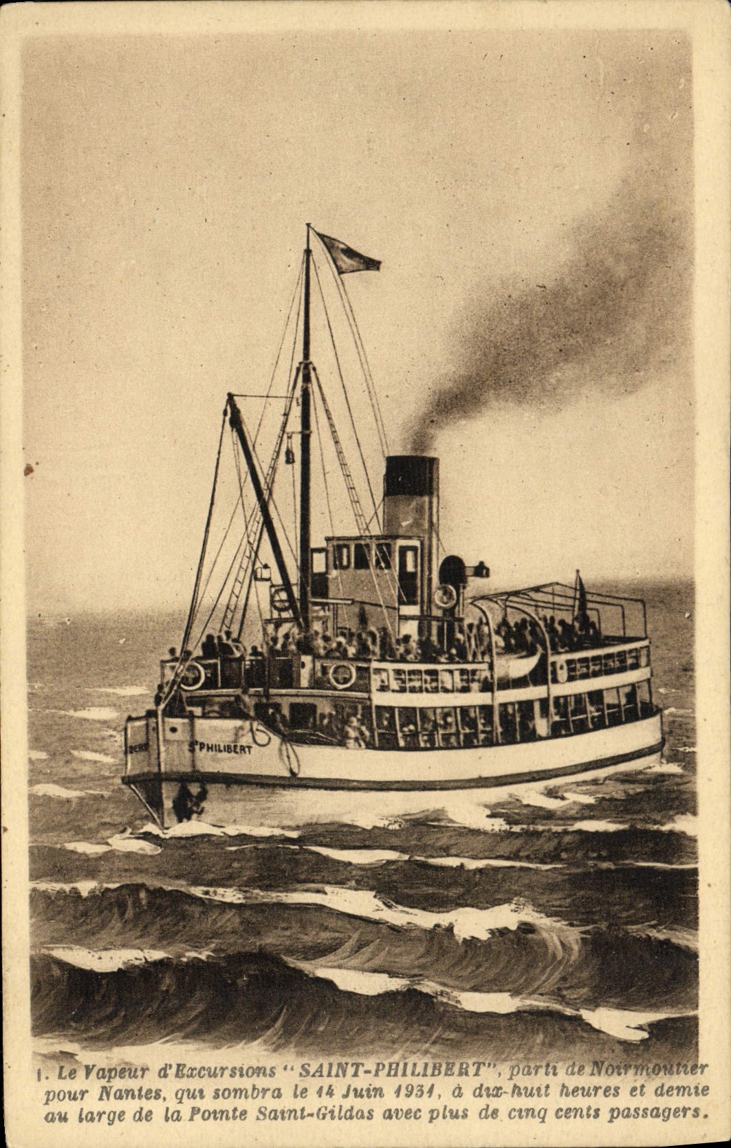 El vapor santo del barco de la POSTAL de la VENDIMIA de las excursiones Philibert empezó con Noirmoutier para Nantes