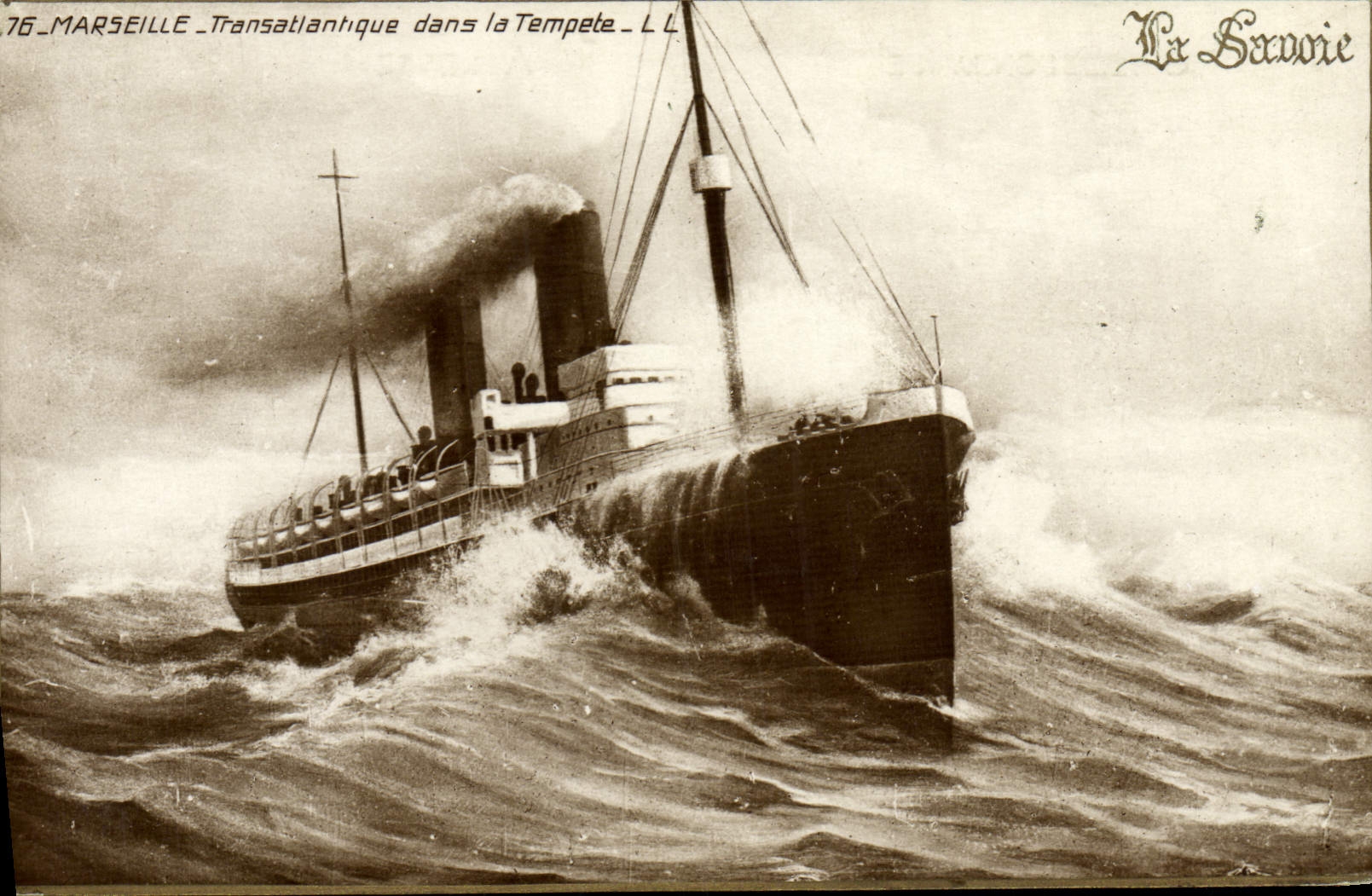VINTAGE POSTCARD Boat Transatlantic Marseilles Steamer in the storm Savoy