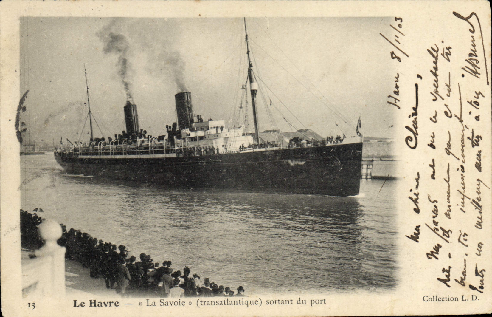 CPA Bateau Paquebot Le Havre La Savoie Transatlantique sortant du port 