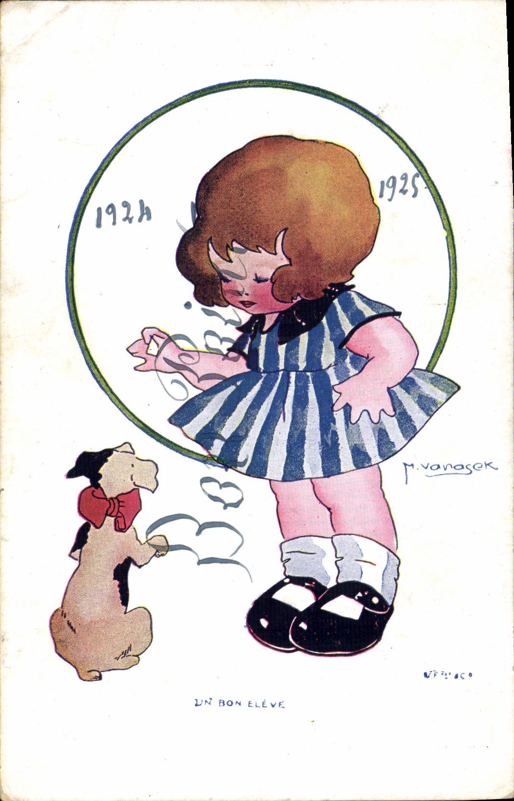 VINTAGE POSTCARD Fantasy Illustrator Vanasek Child Dog a high good