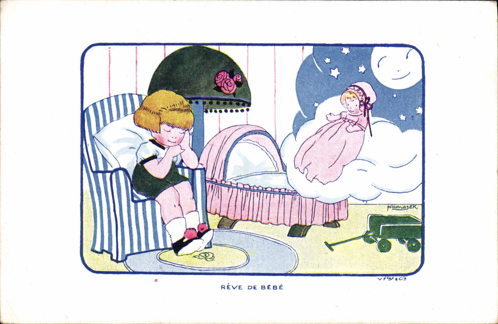 VINTAGE POSTCARD Fantaisie Illustrator Vanasek Enfant Dreams of baby