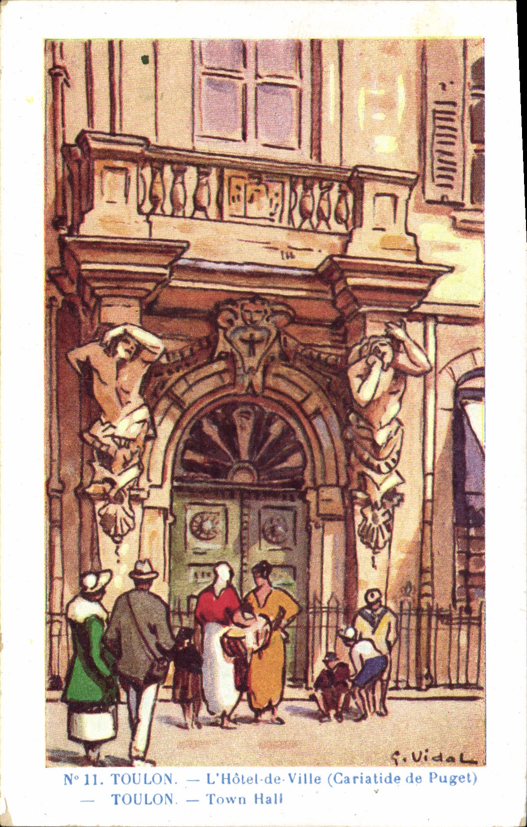 VINTAGE POSTCARD Fantasy Toulon Illustrator the town hall Caryatid of Puget