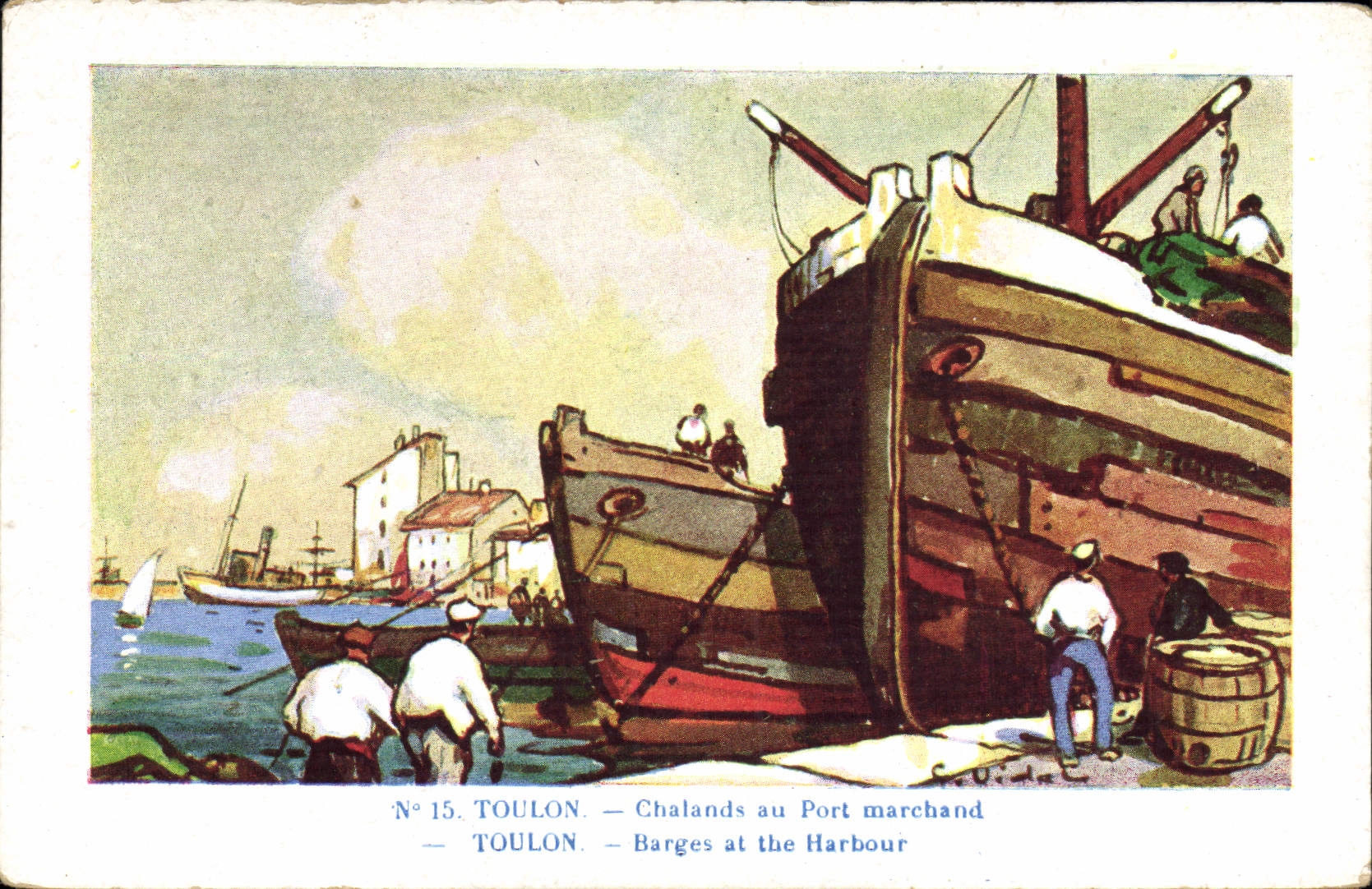 CPA Fantaisie Illustrateur Toulon Chalands au port marchand 