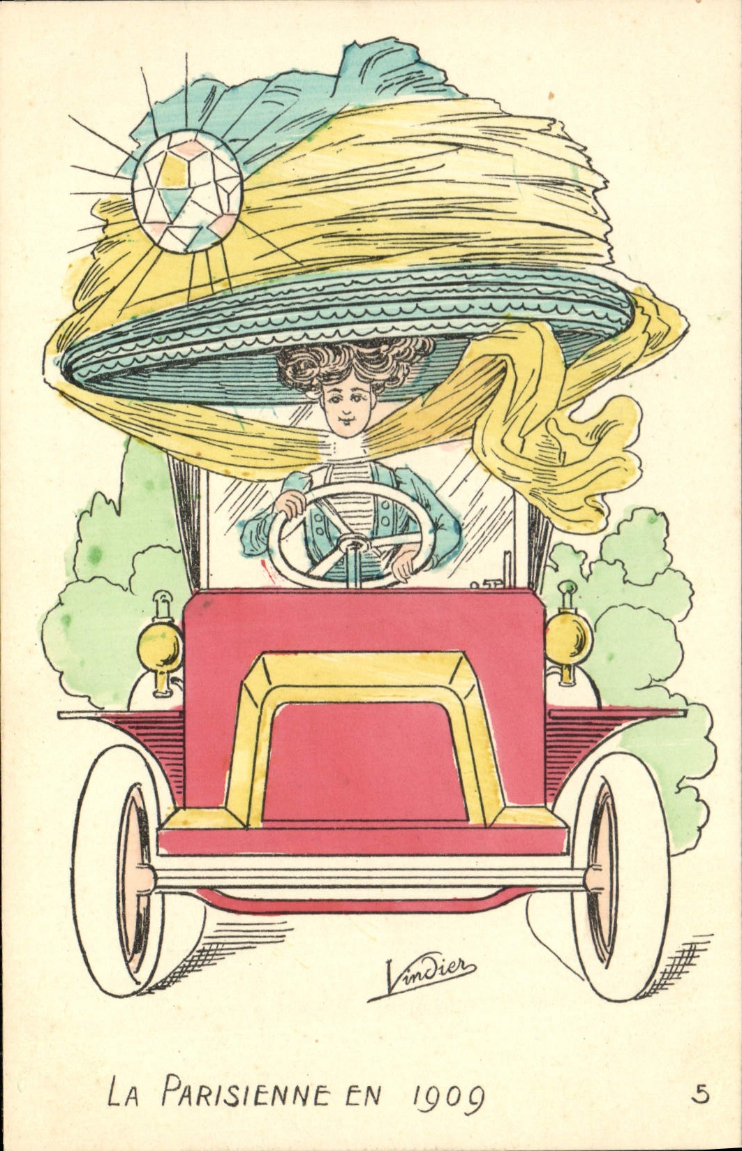 CPA Fantaisie Illustrateur Vindier La parisienne en 1909 Automobile Diamant