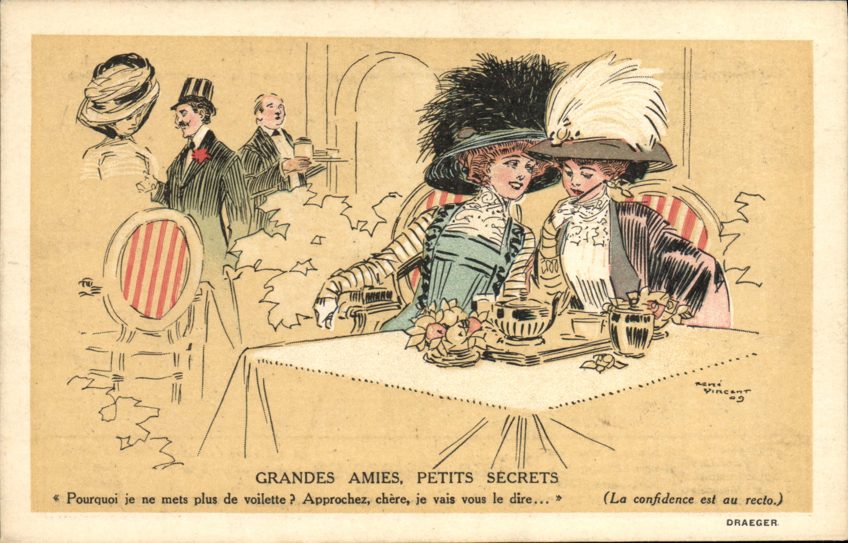 CPA Fantaisie Illustrateur Femmes Grandes amies Petits secrets Restaurant