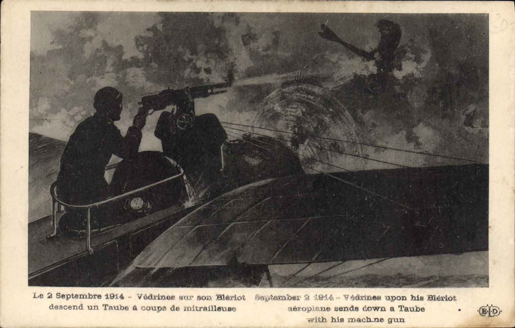 VINTAGE POSTCARD Militaria Vedrines September 2nd, 1914 on its Bleriot descends Taube has blows of machine-gun