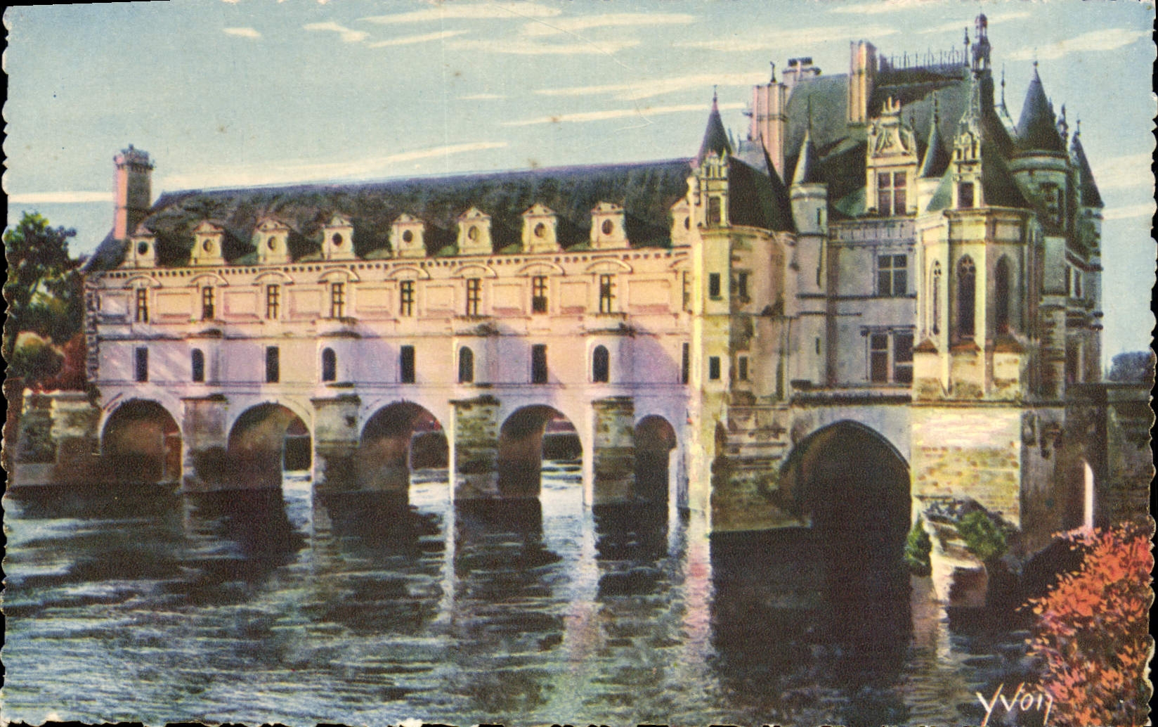 El castillo de Loire ch4ateau de la POSTAL de la VENDIMIA de la fachada norteña de Chenonceaux es