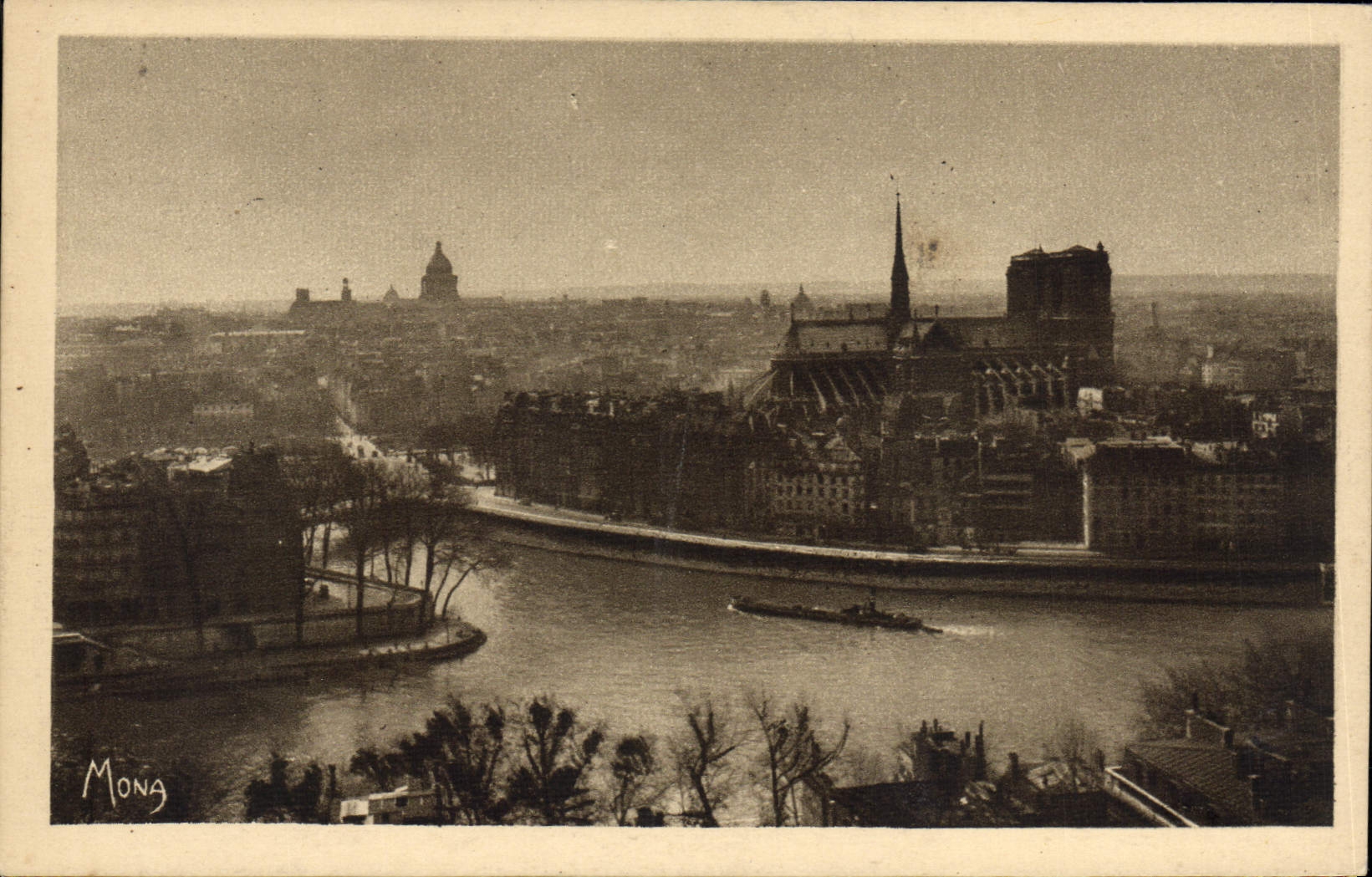 VINTAGE POSTCARD Paris Panorama taken of the tower Gervais Saint on the Seine Notre Dame and the Pantheon