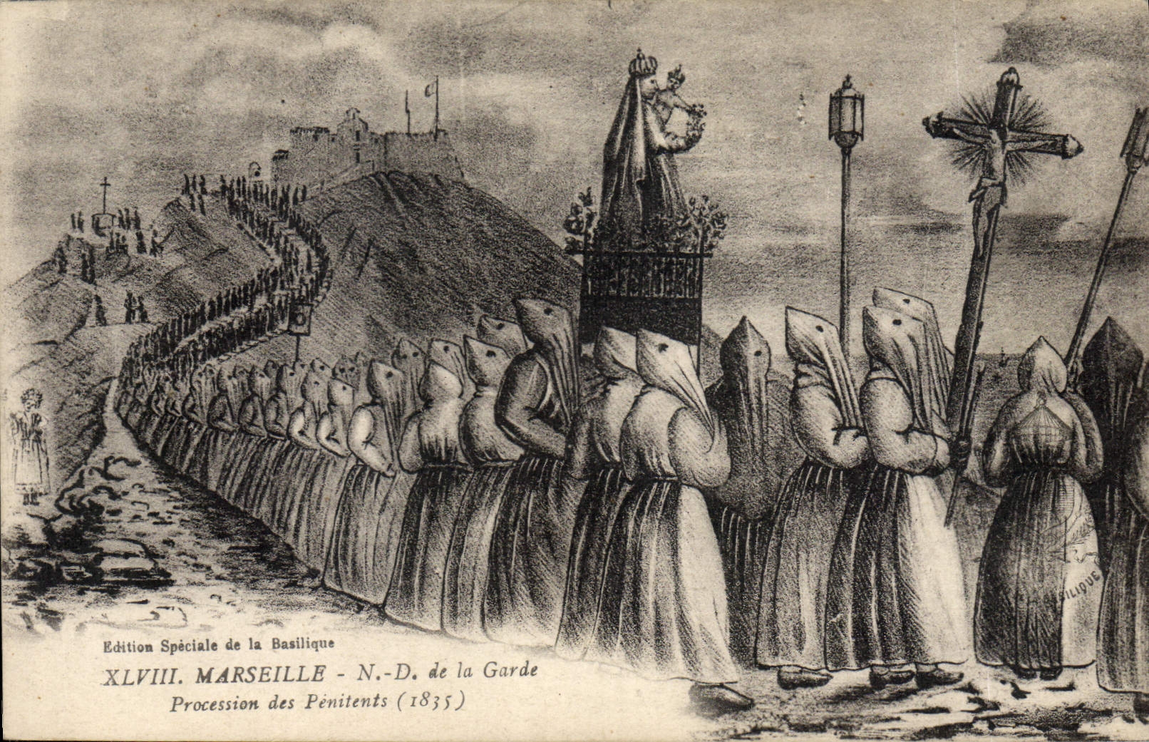 VINTAGE POSTCARD Marseilles ND of the Guard Procession of Penitent the 1835