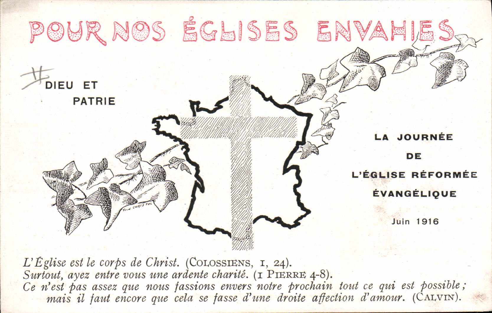 POSTAL de la VENDIMIA para nuestro día invadido de las iglesias iglesia reformee del templo evangélico del St Quentin Thann Reims de junio de 1916