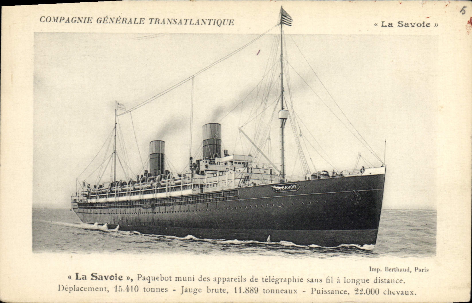 CPA Bateau Paquebot La Savoie Compagnie Generale Transatlantique