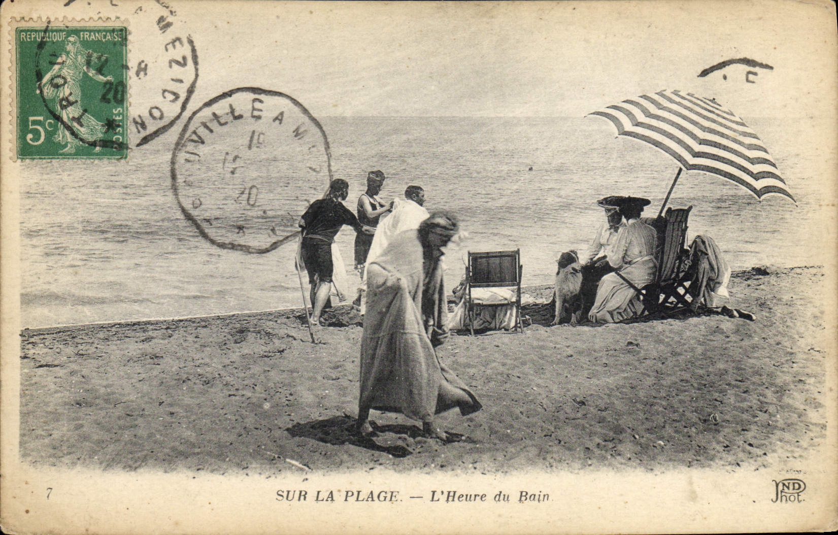 VINTAGE POSTCARD Woman Bathing suit On the beach the hour of the bath