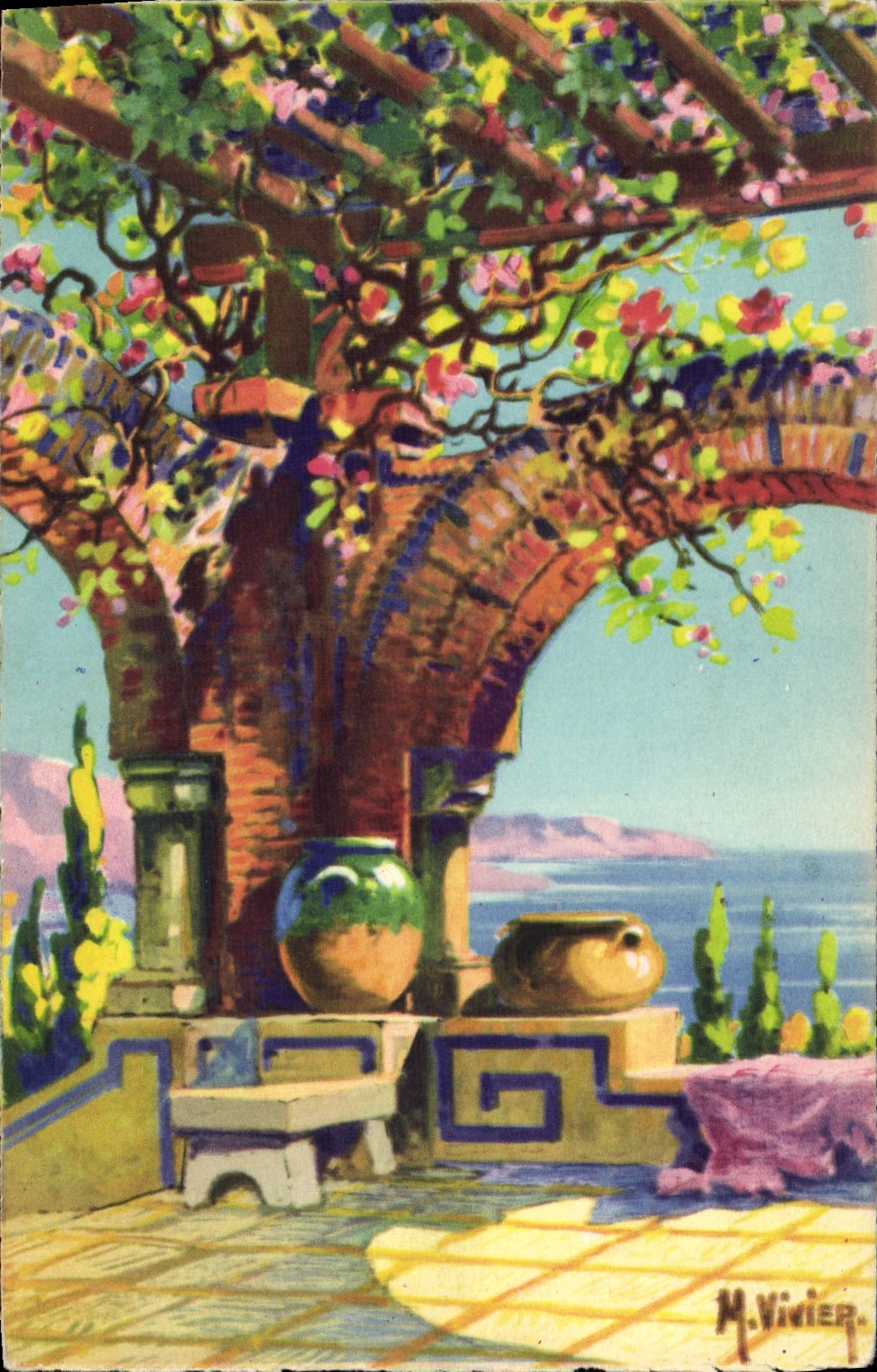 VINTAGE POSTCARD Fantasy Illustrator Fish pond