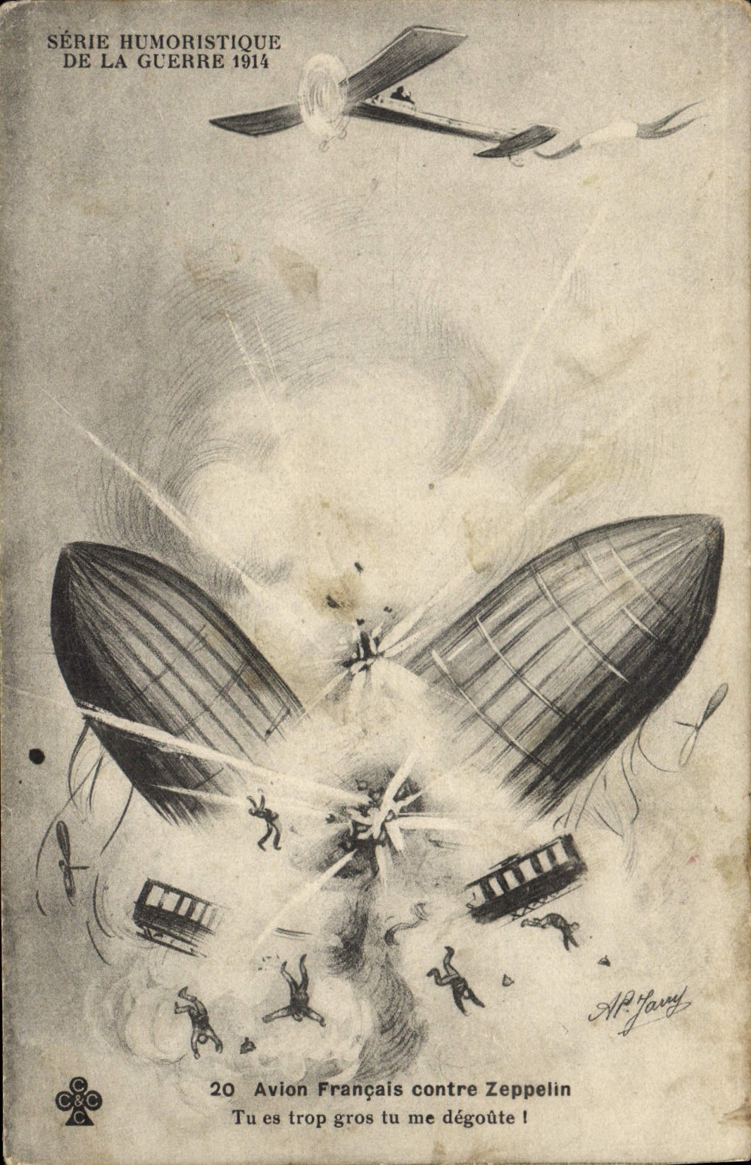 VINTAGE POSTCARD Militaria French Plane against zeppelin Plane