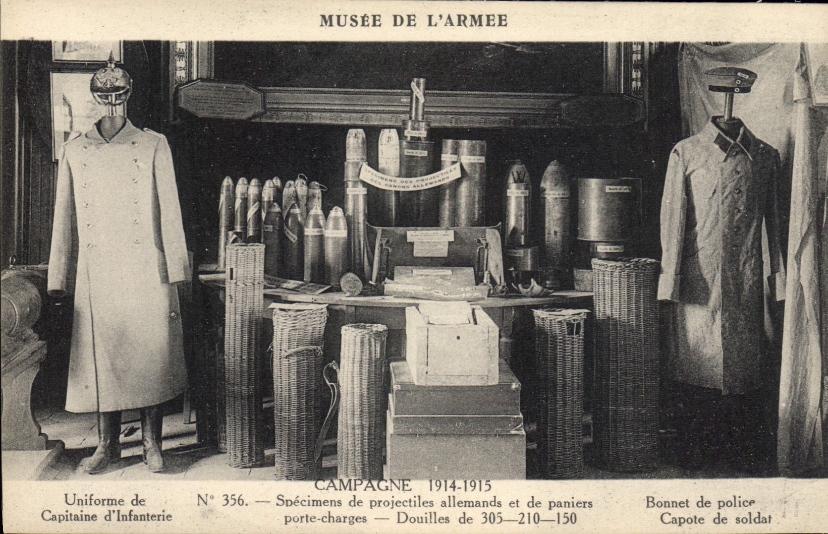 La campaña de comercialización de Militaria de la POSTAL de la VENDIMIA 1914 1915 especímenes de proyectiles y de cestas alemanes llevan las cargas de Douilles de 305.210.150