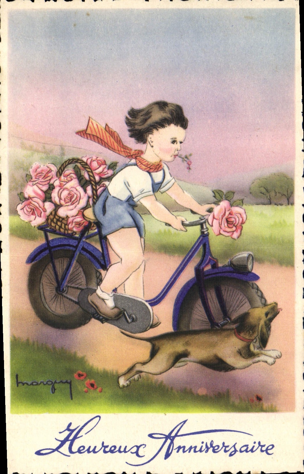 VINTAGE POSTCARD Fantaisie Illustrator Child Velo dog Cycles