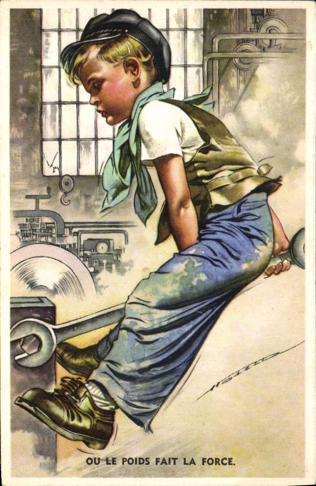 El niño del ilustrador de la fantasía de la POSTAL de la VENDIMIA o el peso hace la fuerza de Mecanicien