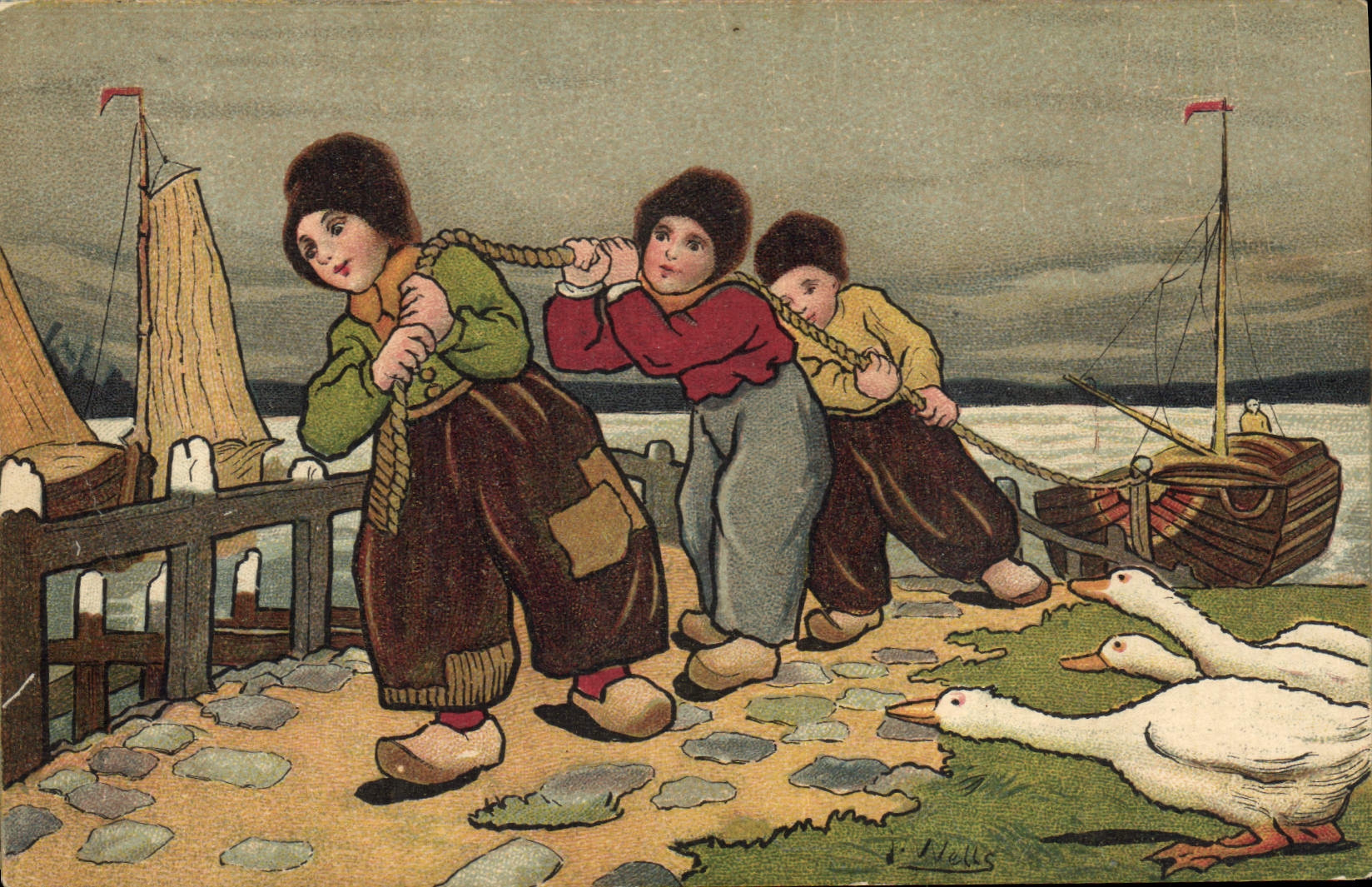 CPA Fantaisie Illustrateur Enfants Pays-Bas Oies