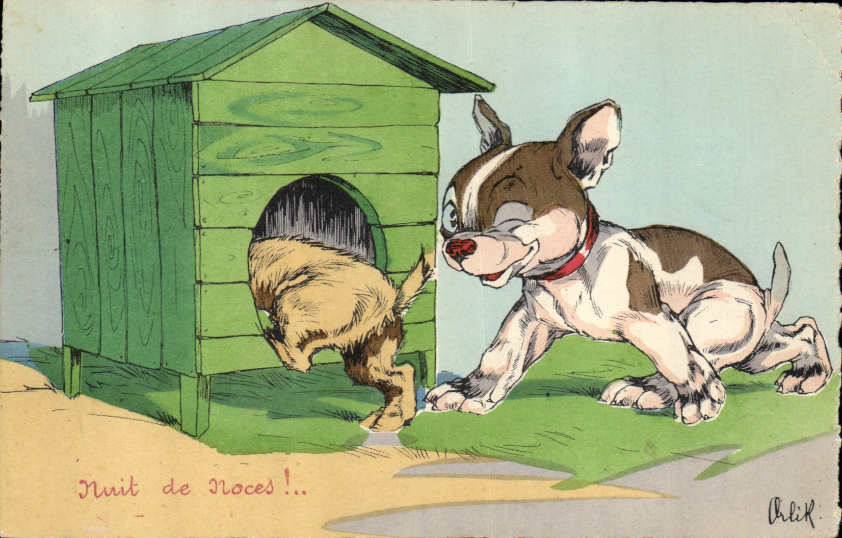 CPA Fantaisie Illustrateur Nuit de noces Chien Chiens