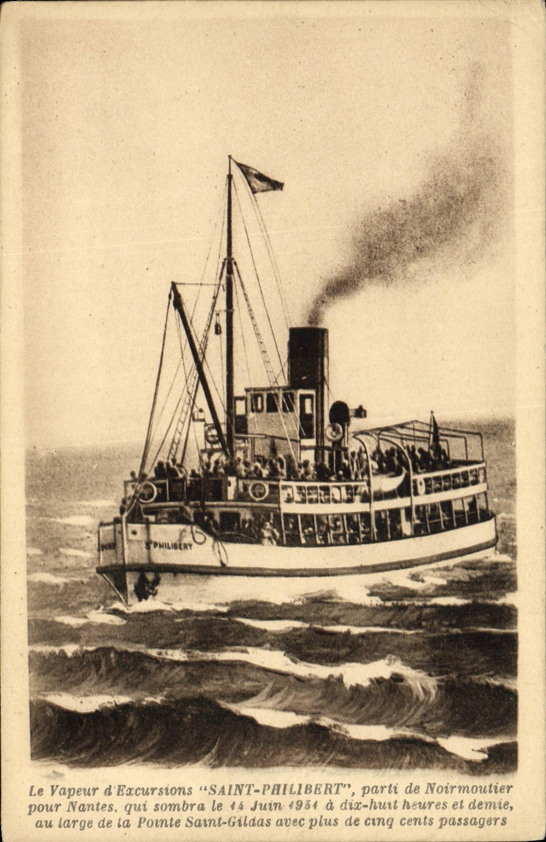 Vapor santo del barco de la POSTAL de la VENDIMIA de las excursiones Philibert comenzado de Noirnoutier para Nantes