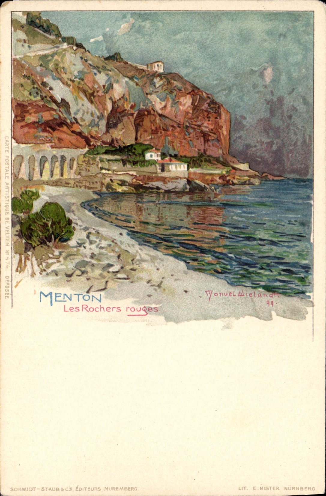 VINTAGE POSTCARD Illustrator Menton red rocks