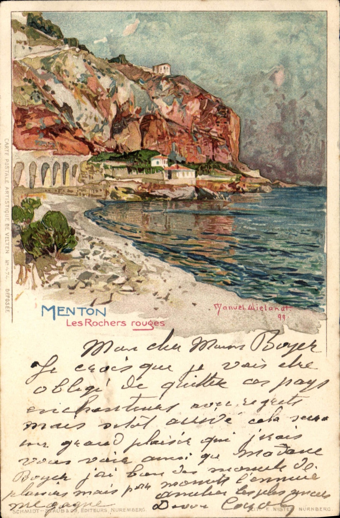 CPA Illustrateur Menton Les rochers rouges