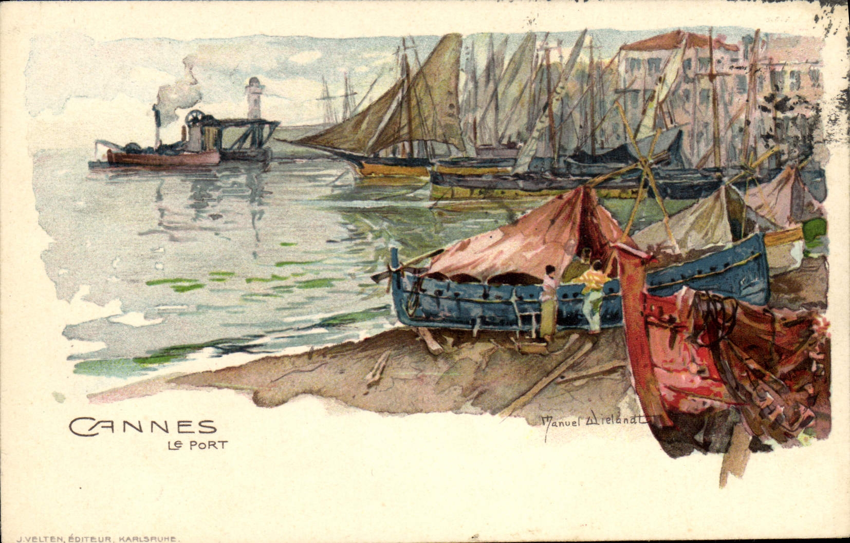 Ilustrador de Cannes de la POSTAL de la VENDIMIA los barcos portuarios