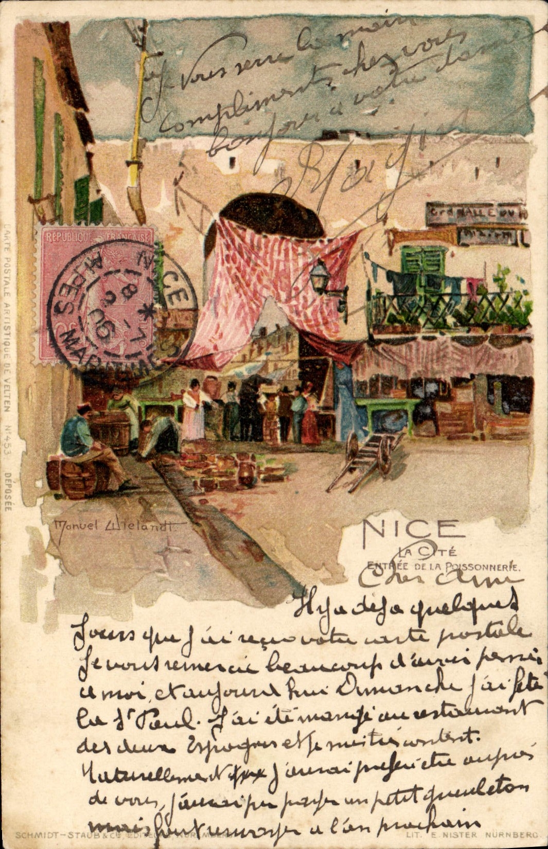 Las cotizaciones de Illustrateur de la POSTAL de la VENDIMIA Niza entrada de los pescados hace compras