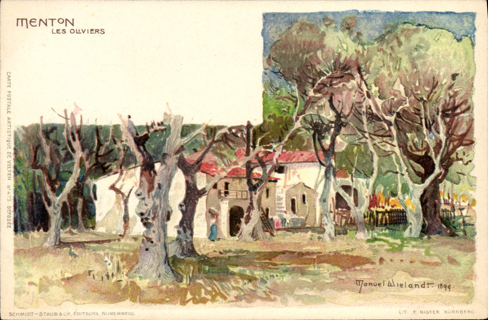 VINTAGE POSTCARD Illustrator Menton olive-trees