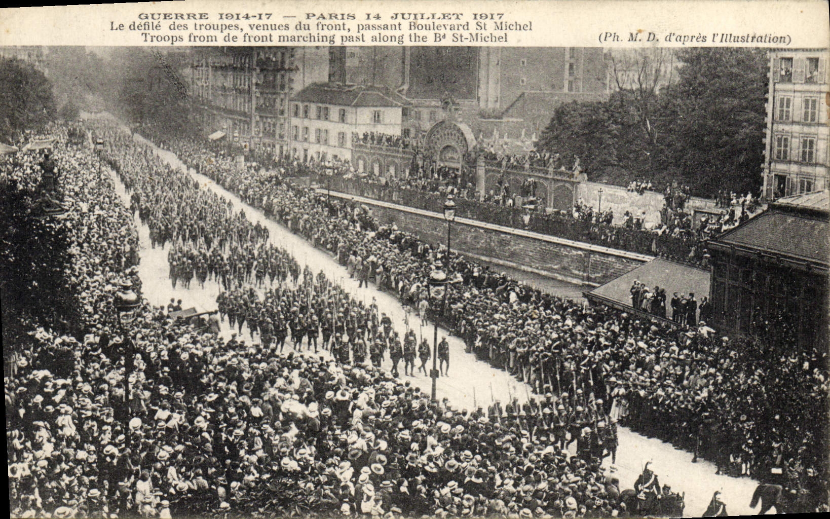 VINTAGE POSTCARD Militaria Paris July 14th, 1917 the procession of the troops come from the face passing Boulevard St Michel