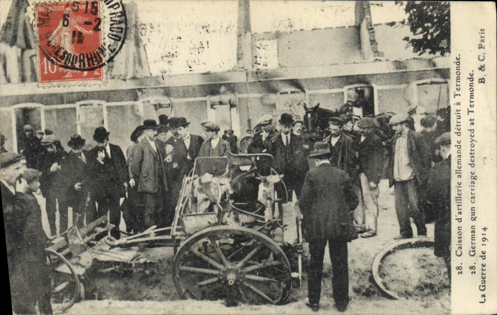 VINTAGE POSTCARD Militaria Caisson of destroyed German artillery has Termonde