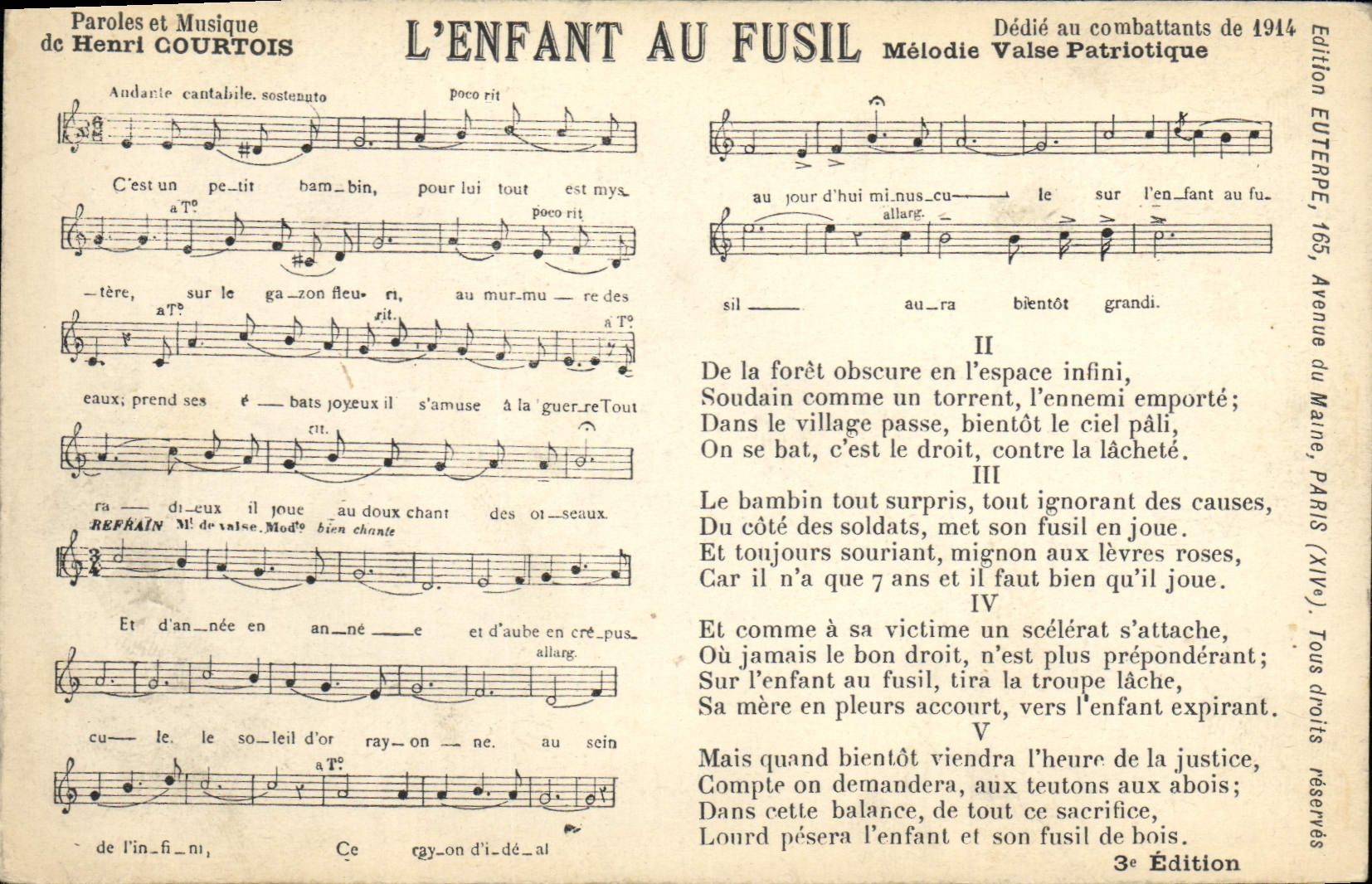 VINTAGE POSTCARD Militaria Song the child with Courteous Henri rifle