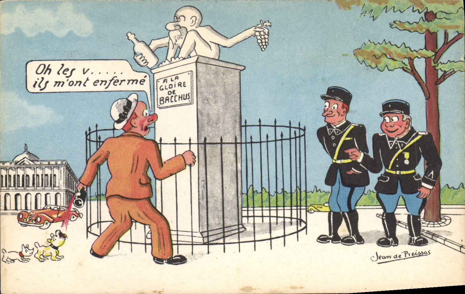 El ilustrador de Fantaisie de la POSTAL de la VENDIMIA con la gloria del Bacchus organiza a Gendarme Jean de Preissac Chien