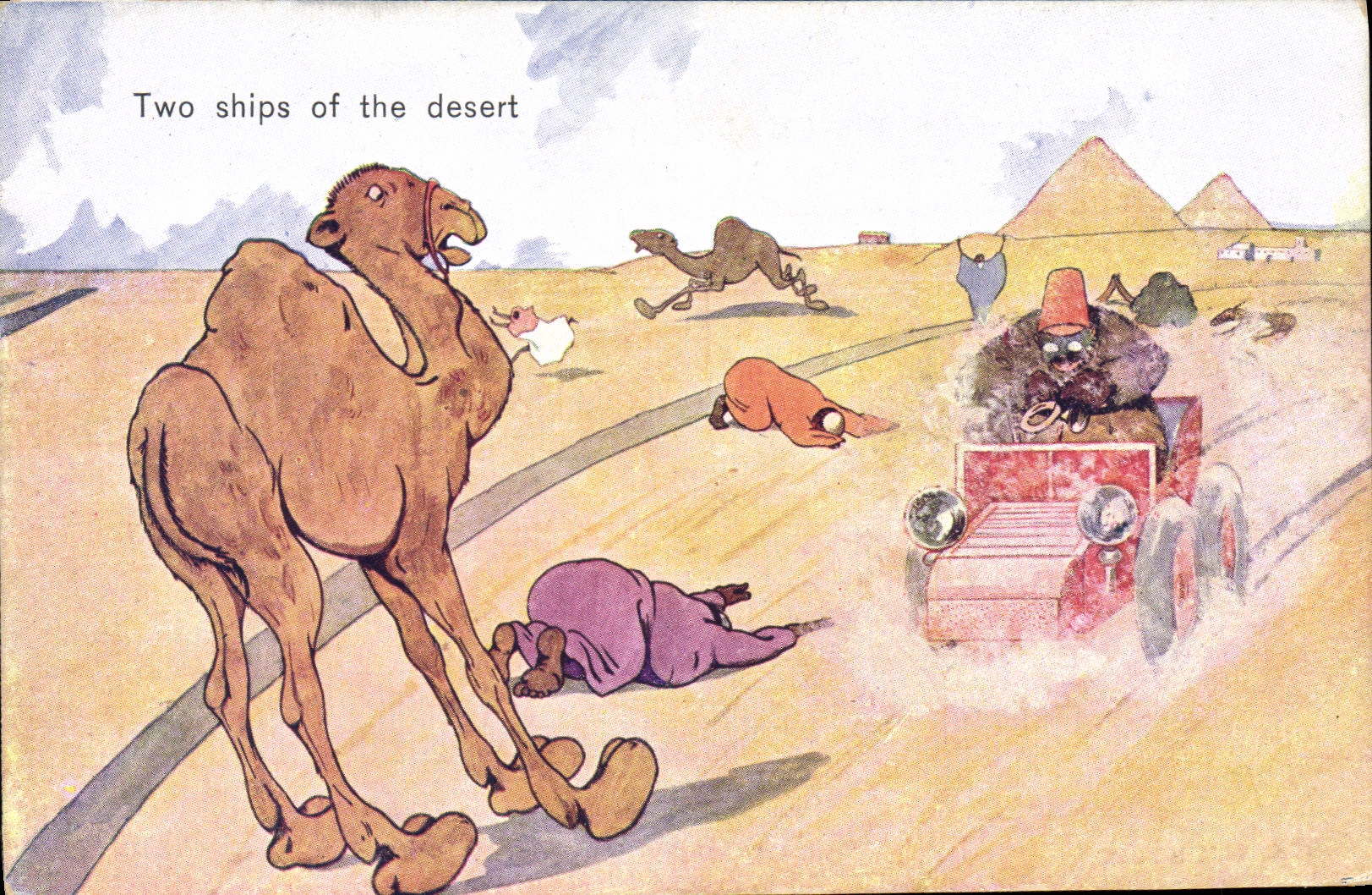 VINTAGE POSTCARD Fantasy Illustrator Egypt Egypt Pyramid Two ships off the deserted Automobile Camel