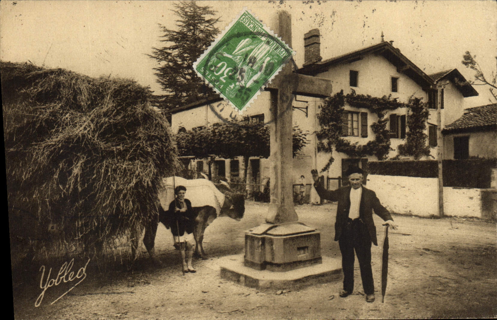 Salida vasca del país del folklore de la POSTAL de la VENDIMIA para los bueyes del coche de Messa