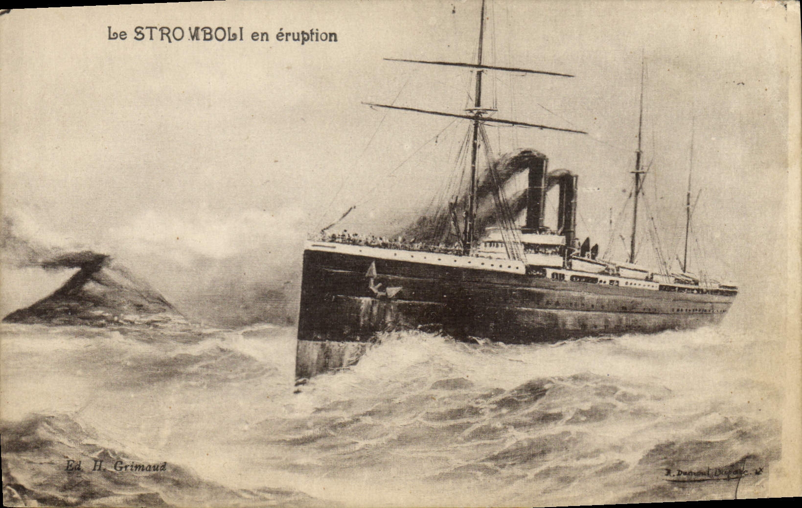 VINTAGE POSTCARD Boat Steamer Stromboli in eruption Volcano