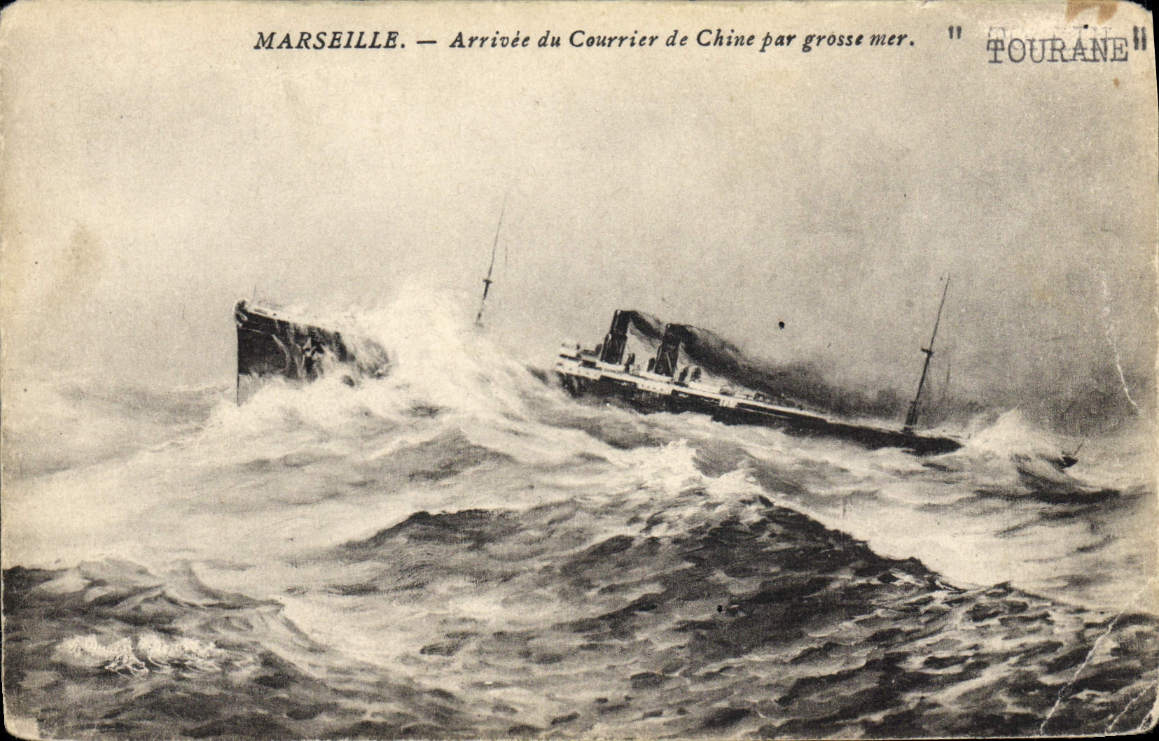 VINTAGE POSTCARD Bateau Marseilles Arrivee of the mail of China by heavy sea Clouded