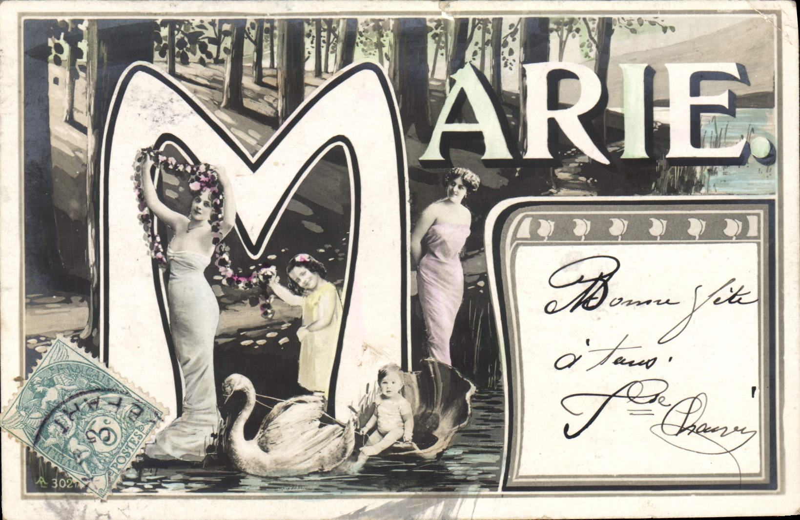 VINTAGE POSTCARD First name Marie Child Swan