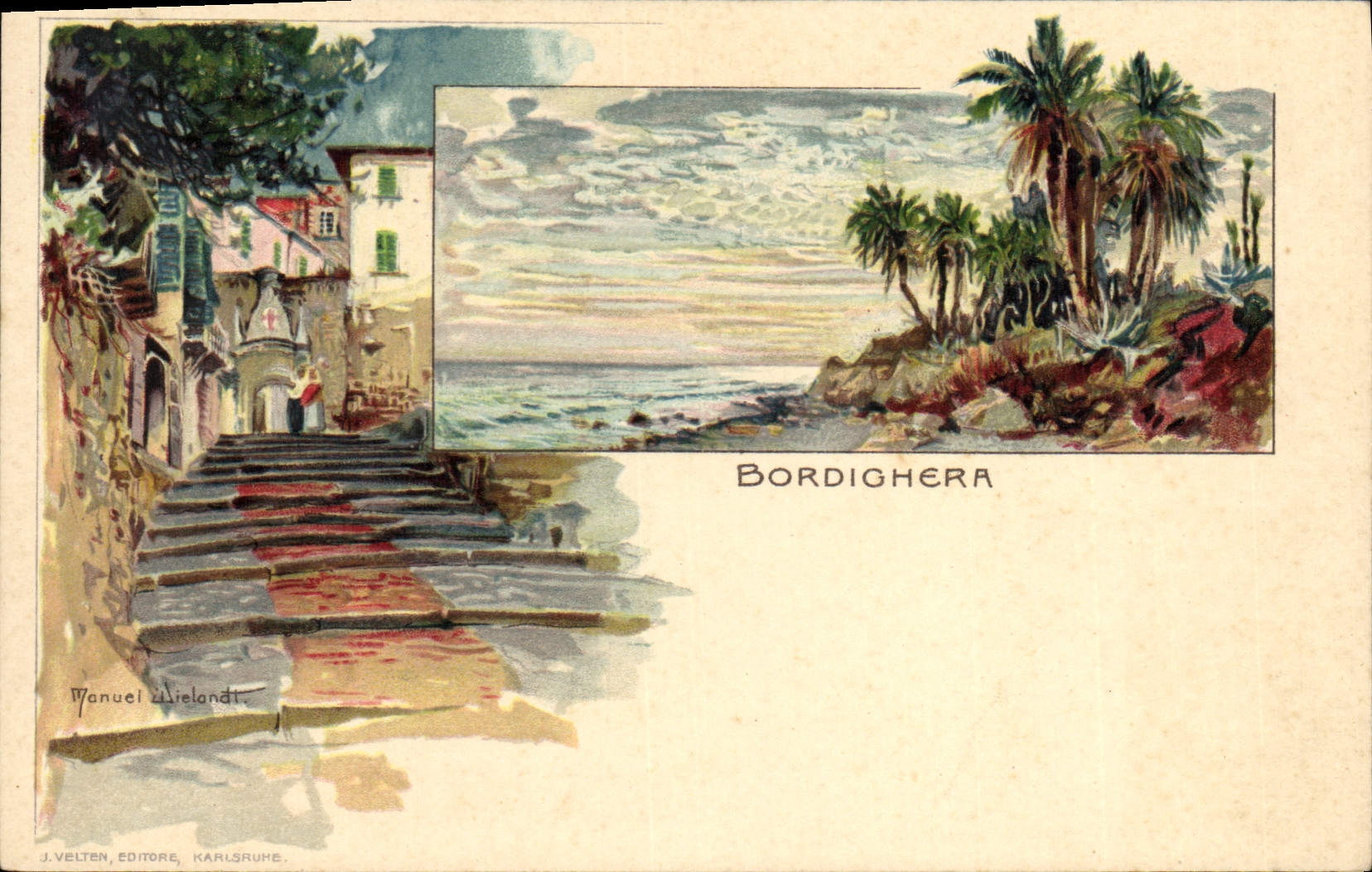 Ilustrador de Italia Bordighera de la POSTAL de la VENDIMIA