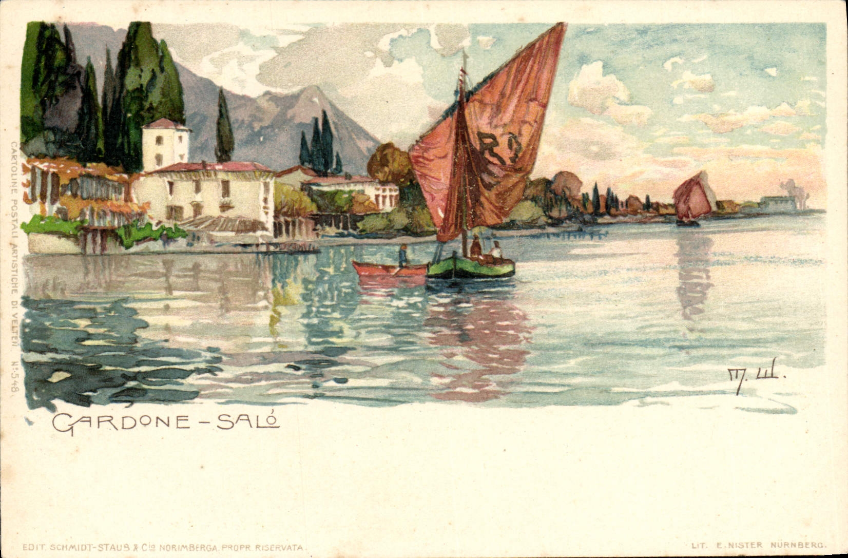 CPA Italie Illustrateur Gardone Salo Bateau